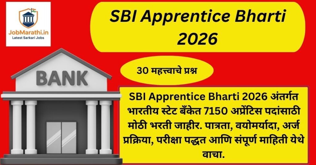 SBI Apprentice Bharti 2026 ची जाहिरात दर्शविणारे बॅनर, भारतीय स्टेट बँकेत 7150 अप्रेंटिस पदांसाठी भरती, ऑनलाइन अर्ज प्रक्रिया आणि बँकिंग करिअर संधीची माहिती.