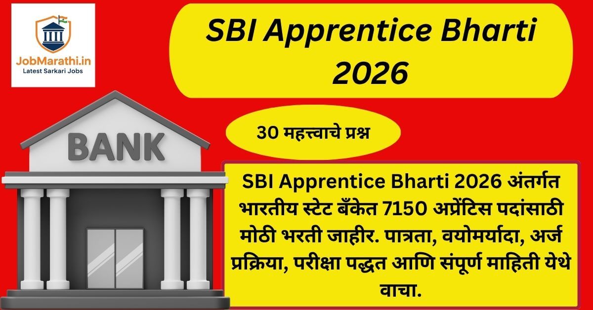 SBI Apprentice Bharti 2026 ची जाहिरात दर्शविणारे बॅनर, भारतीय स्टेट बँकेत 7150 अप्रेंटिस पदांसाठी भरती, ऑनलाइन अर्ज प्रक्रिया आणि बँकिंग करिअर संधीची माहिती.