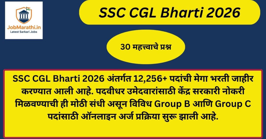 SSC CGL Bharti 2026 ची जाहिरात दर्शवणारे बॅनर, ज्यामध्ये 12,256+ केंद्र सरकारी पदांची मेगा भरती आणि पदवीधर उमेदवारांसाठी नोकरीची संधी दर्शवली आहे.
