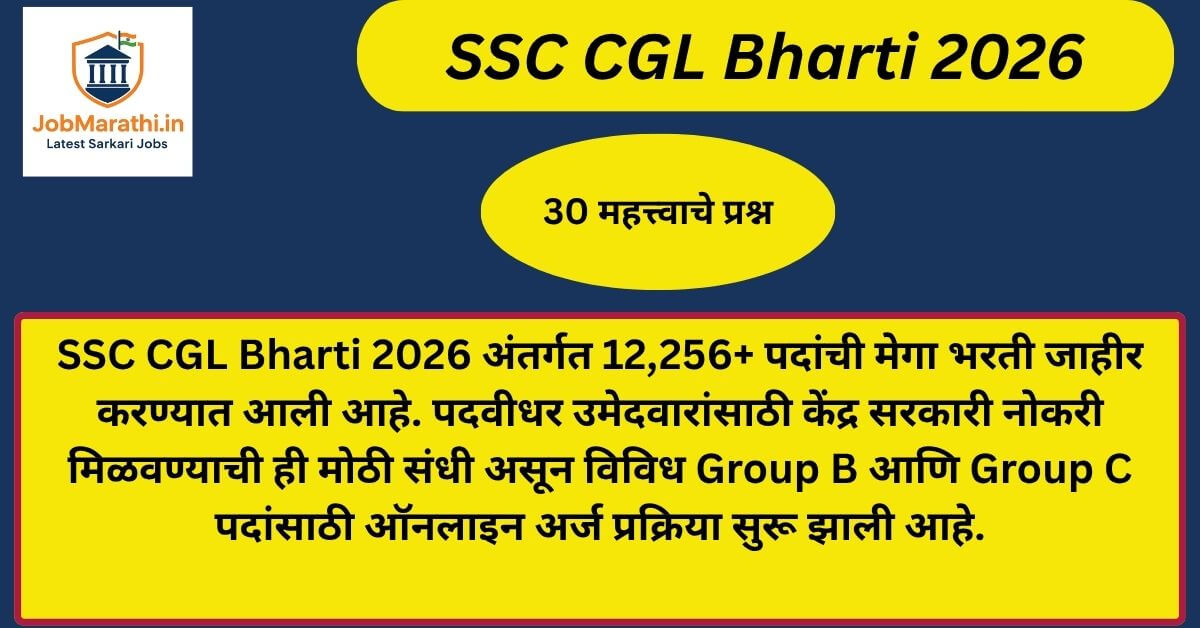 SSC CGL Bharti 2026 ची जाहिरात दर्शवणारे बॅनर, ज्यामध्ये 12,256+ केंद्र सरकारी पदांची मेगा भरती आणि पदवीधर उमेदवारांसाठी नोकरीची संधी दर्शवली आहे.