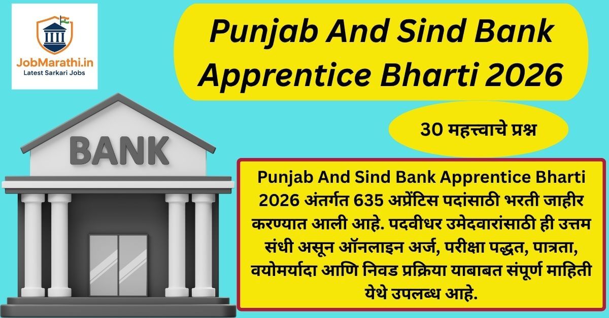 Punjab And Sind Bank Apprentice Bharti 2026 recruitment banner showing 635 apprentice vacancies for graduate candidates in banking sector.