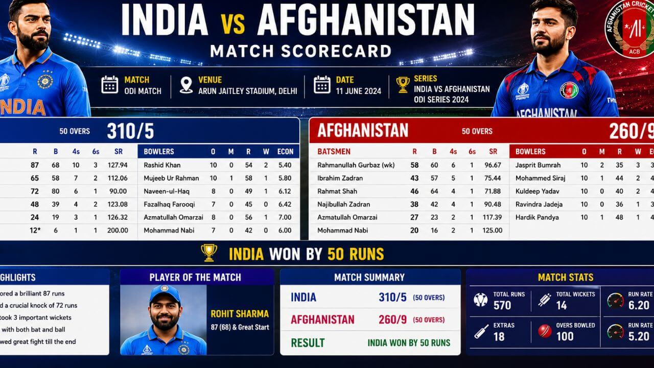 India vs Afghanistan Match Scorecard 2026 – Team India Cricket Match Highlights