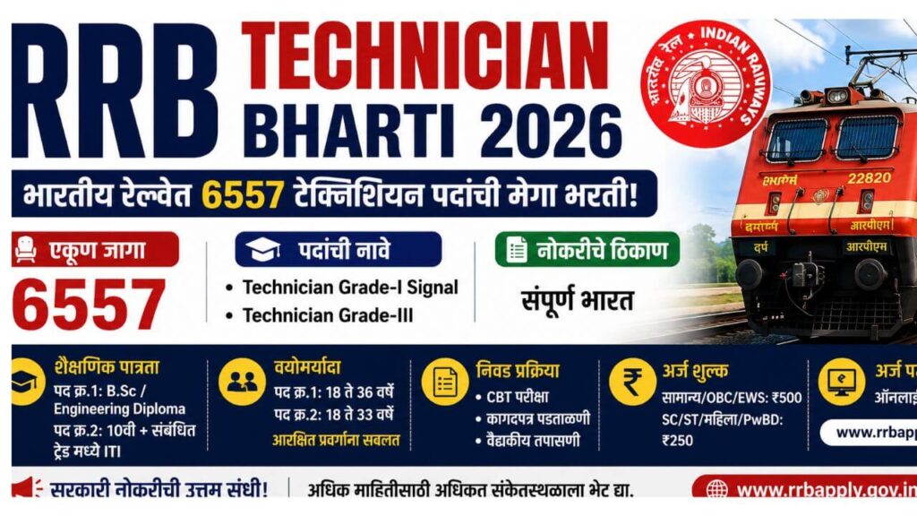 RRB Technician Bharti 2026: भारतीय रेल्वेत Technician Grade-I Signal आणि Technician Grade-III पदांच्या 6557 जागांसाठी भरती – पात्रता, वेतन, वयोमर्यादा व अर्ज प्रक्रिया.