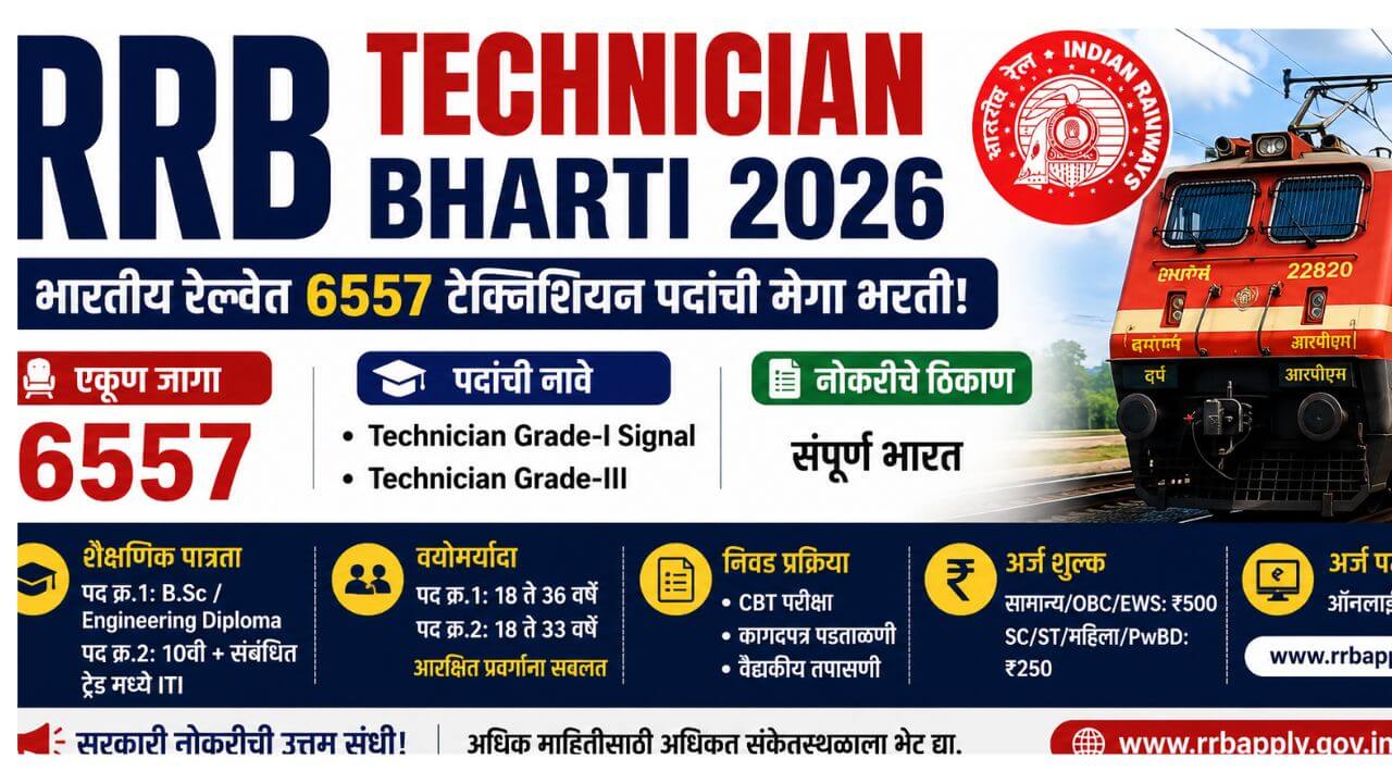 RRB Technician Bharti 2026: भारतीय रेल्वेत Technician Grade-I Signal आणि Technician Grade-III पदांच्या 6557 जागांसाठी भरती – पात्रता, वेतन, वयोमर्यादा व अर्ज प्रक्रिया.