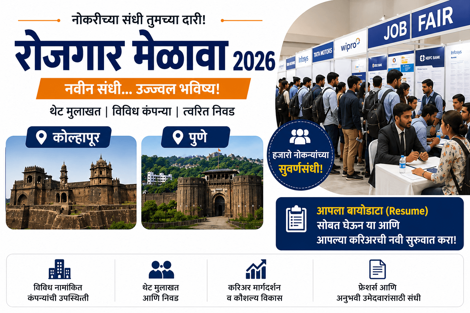 रोजगार मेळावा 2026 मध्ये सहभागी झालेले नोकरी शोधणारे उमेदवार आणि कंपन्यांचे स्टॉल.