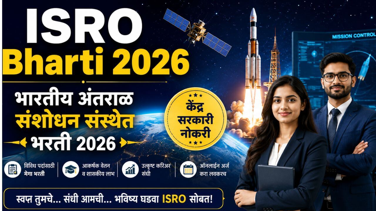 ISRO Bharti 2026: भारतीय अंतराळ संशोधन संस्थेतील विविध पदांच्या भरतीची माहिती दर्शविणारी स्पेस-थीम फीचर इमेज, रॉकेट, उपग्रह आणि केंद्र सरकारी नोकरीचा संदेश.