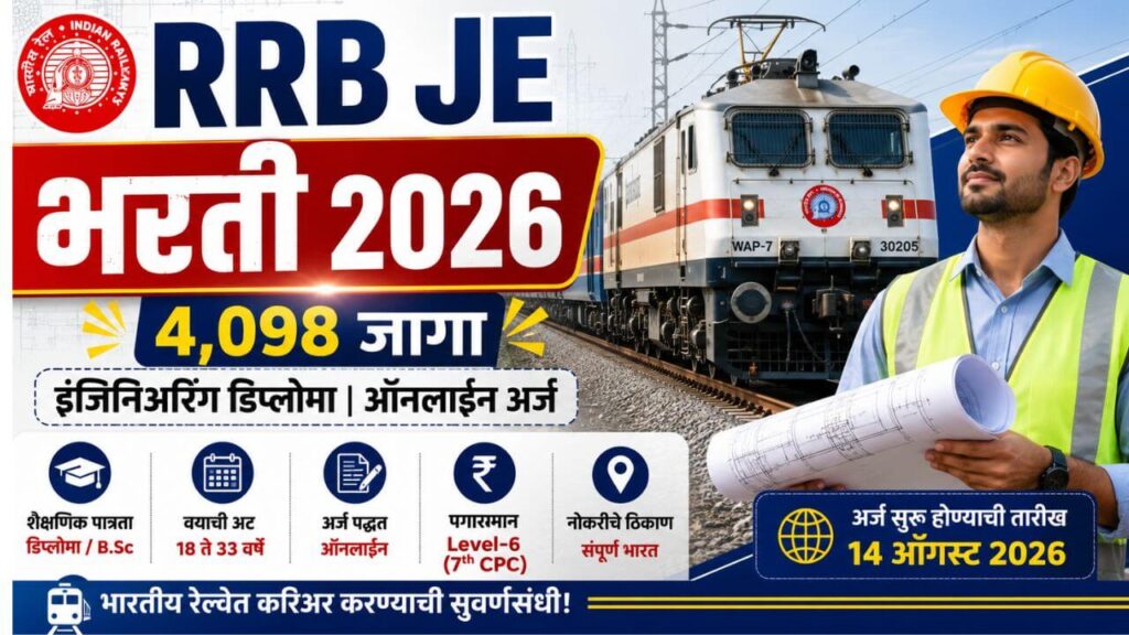 RRB JE Bharti 2026 भरतीची जाहिरात – भारतीय रेल्वेत 4,098 Junior Engineer, DMS आणि CMA पदांसाठी मेगाभरती, इंजिनिअरिंग डिप्लोमा व B.Sc उमेदवारांसाठी ऑनलाइन अर्ज.