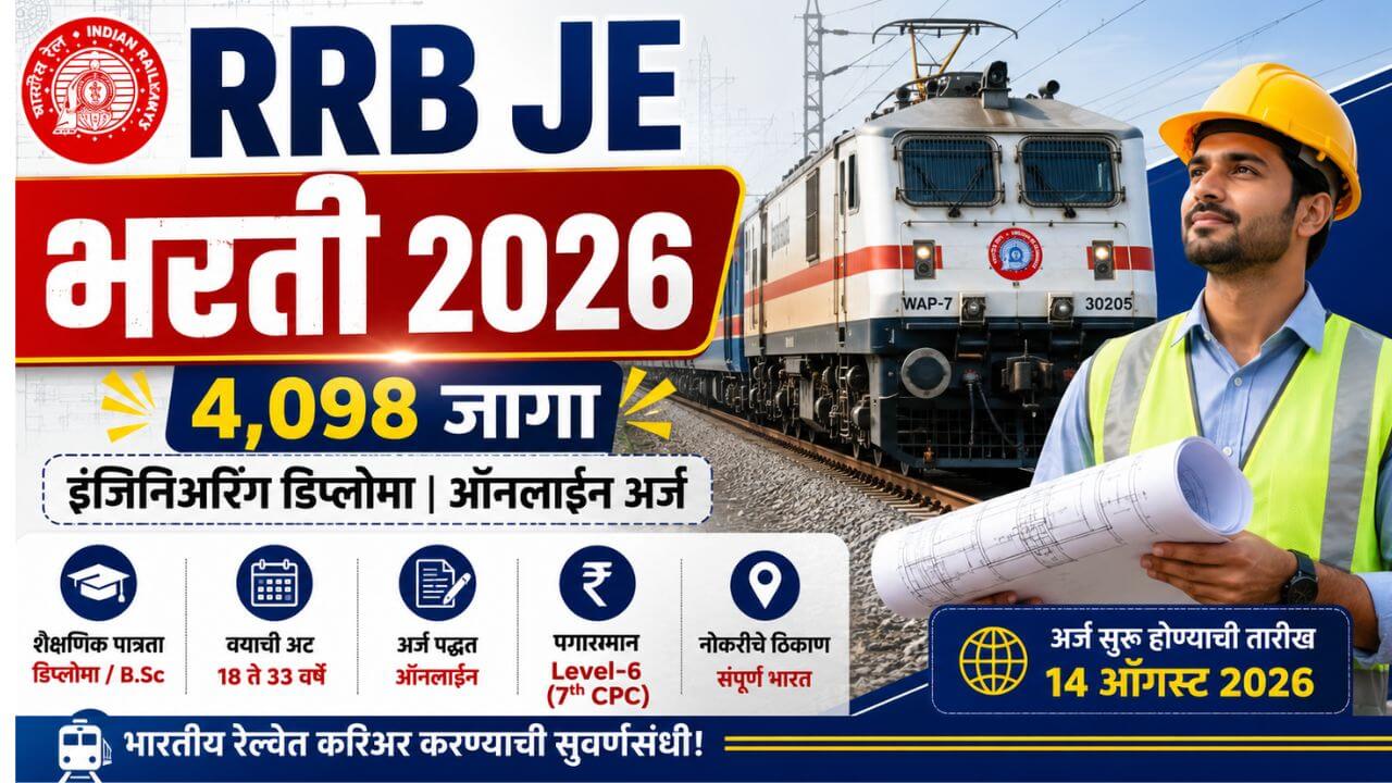 RRB JE Bharti 2026 भरतीची जाहिरात – भारतीय रेल्वेत 4,098 Junior Engineer, DMS आणि CMA पदांसाठी मेगाभरती, इंजिनिअरिंग डिप्लोमा व B.Sc उमेदवारांसाठी ऑनलाइन अर्ज.