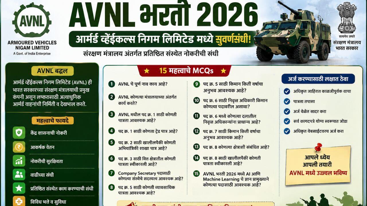 AVNL Bharti 2026 – आर्मर्ड व्हेईकल्स निगम लिमिटेड (AVNL) भरती 2026 ची अधिकृत माहिती, पात्रता, पदे, वेतन, अर्ज प्रक्रिया आणि महत्त्वाचे अपडेट.