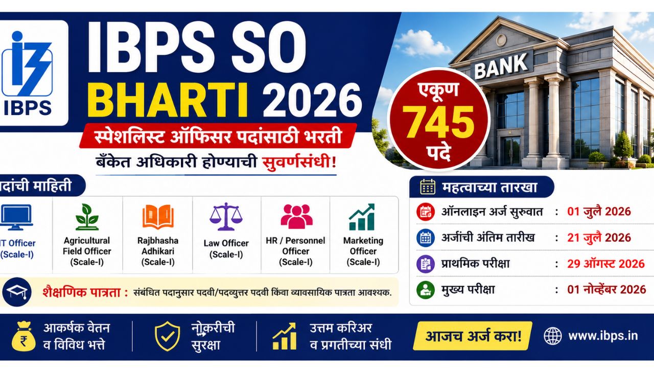 IBPS SO Bharti 2026 – 745 स्पेशलिस्ट ऑफिसर (SO) पदांची भरती, पात्रता, अर्जाची अंतिम तारीख, परीक्षा वेळापत्रक आणि बँकिंग नोकरीची संपूर्ण माहिती दर्शविणारे बॅनर.