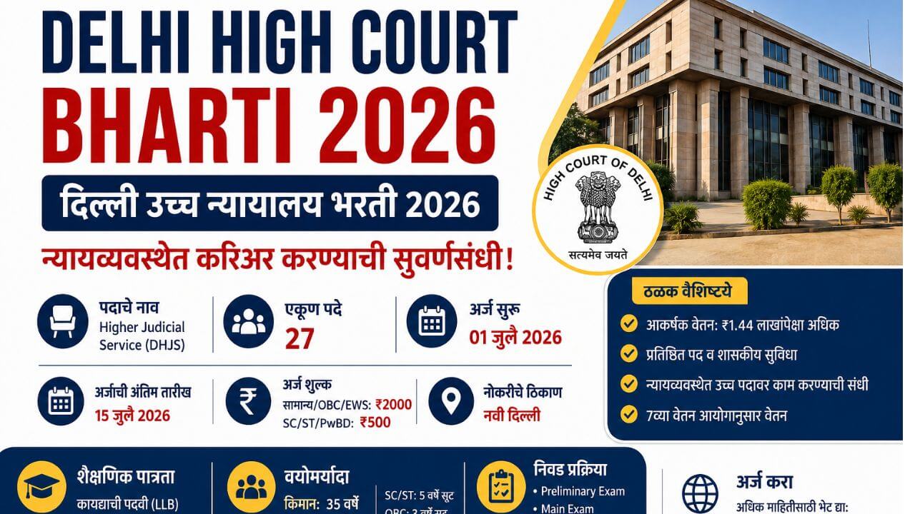 Delhi High Court Bharti 2026 पोस्टर – दिल्ली उच्च न्यायालयात DHJS (Higher Judicial Service) च्या 27 पदांसाठी भरती, अर्जाची अंतिम तारीख 15 जुलै 2026.