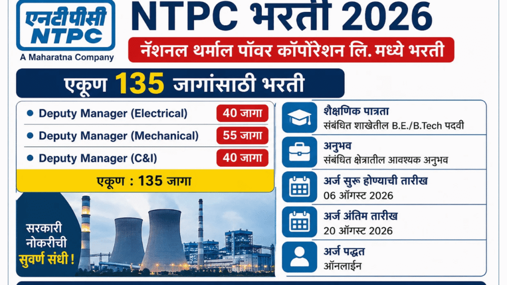 NTPC Bharti 2026 मध्ये 135 Deputy Manager पदांची भरती, Electrical 40, Mechanical 55 आणि C&I 40 जागांचा तपशील दर्शविणारी जाहिरात.