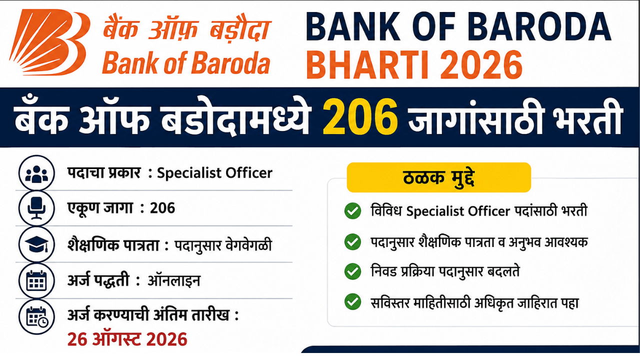 Bank of Baroda Bharti 2026 मध्ये 206 Specialist Officer पदांसाठी भरती
