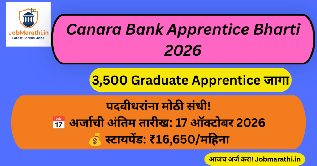 Canara Bank Apprentice Bharti 2026 मध्ये 3500 Graduate Apprentice जागा